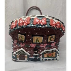 Vintage Wicker Rattan House Basket Christmas Holiday Decor Wall Hanging Bows